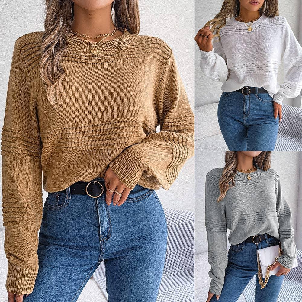 Ladies Solid Long Sleeves Round Neck Knit Top 2117 - SWEETKAMA
