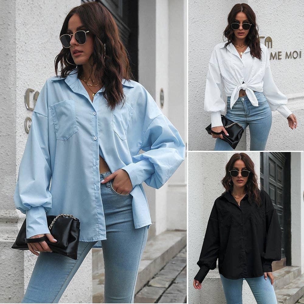 Ladies Solid Long Sleeves Turn-Down Collar Top 2017YT - SWEETKAMA