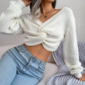 Ladies Solid Long Sleeves V-Neck Close Crop Top 2074 - SWEETKAMA