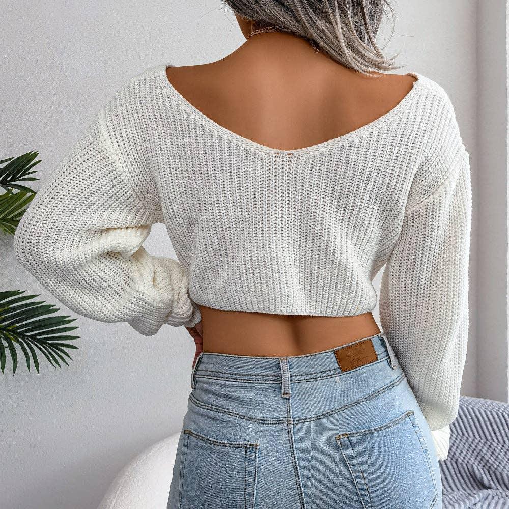Ladies Solid Long Sleeves V-Neck Close Crop Top 2074 - SWEETKAMA