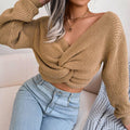 Ladies Solid Long Sleeves V-Neck Close Crop Top 2074 - SWEETKAMA