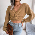 Ladies Solid Long Sleeves V-Neck Close Crop Top 2074 - SWEETKAMA