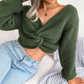 Ladies Solid Long Sleeves V-Neck Close Crop Top 2074 - SWEETKAMA