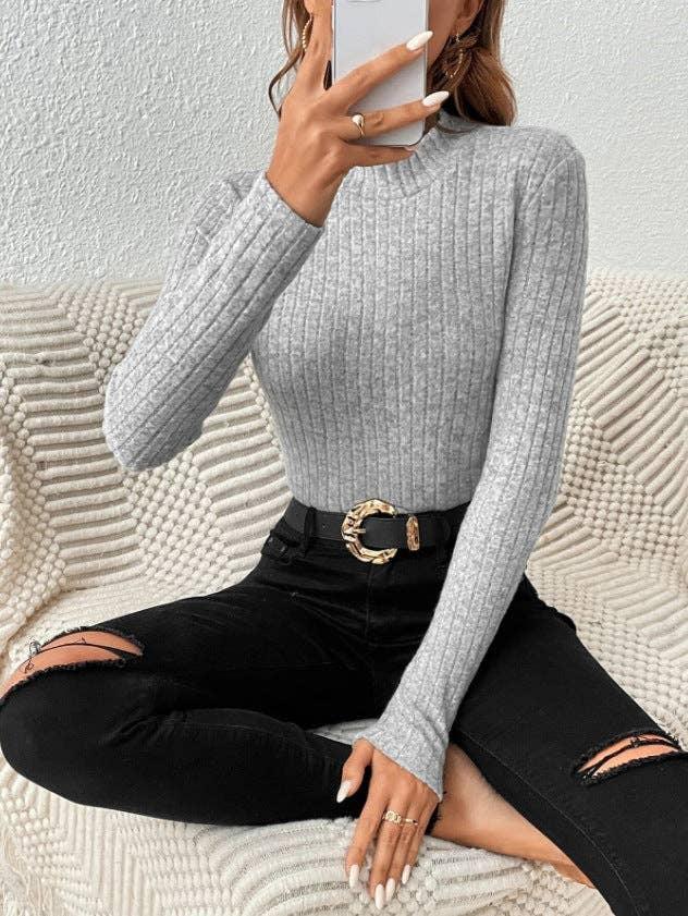 Ladies Solid Round Neck Tight Knit Top G1038 - SWEETKAMA