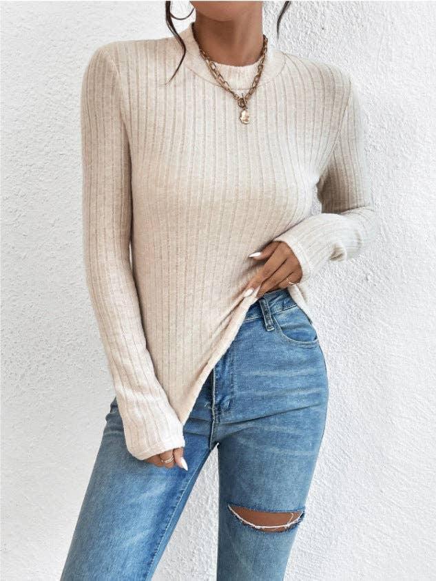 Ladies Solid Round Neck Tight Knit Top G1038 - SWEETKAMA