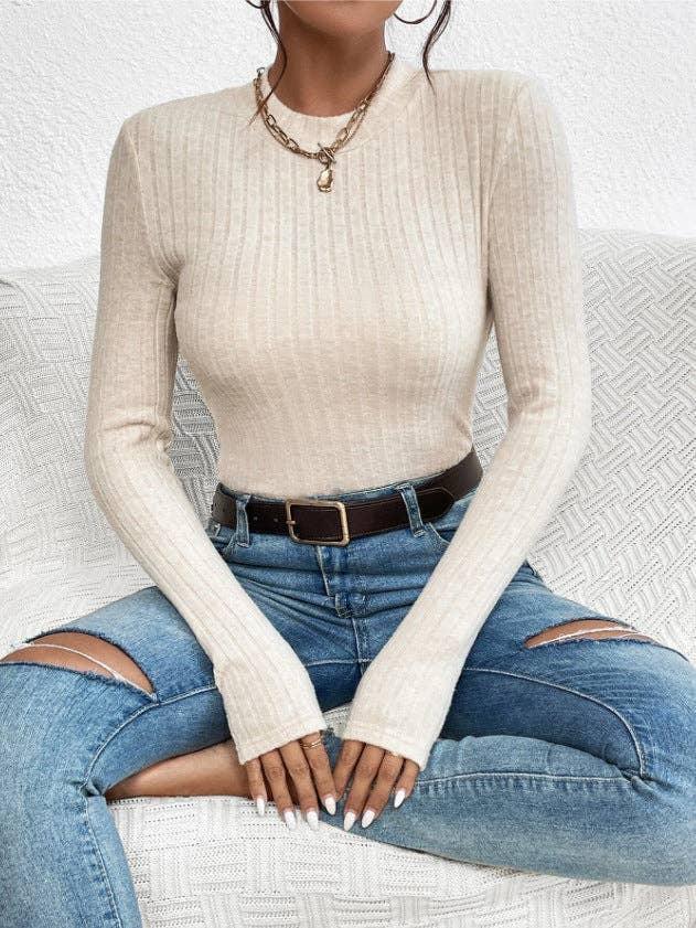 Ladies Solid Round Neck Tight Knit Top G1038 - SWEETKAMA
