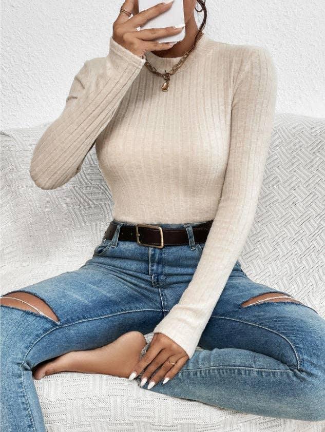 Ladies Solid Round Neck Tight Knit Top G1038 - SWEETKAMA