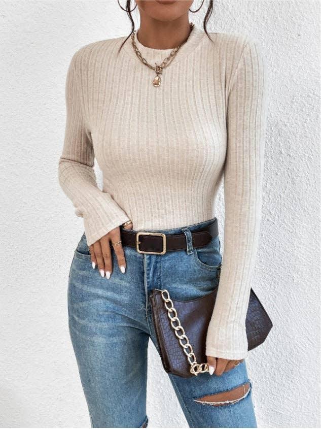Ladies Solid Round Neck Tight Knit Top G1038 - SWEETKAMA