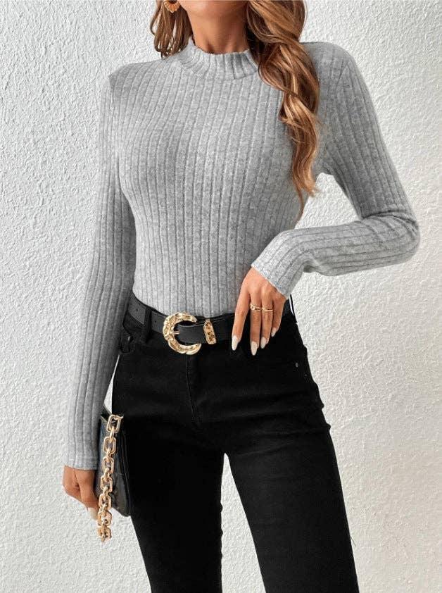 Ladies Solid Round Neck Tight Knit Top G1038 - SWEETKAMA