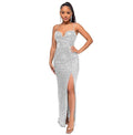 Ladies Solid Sequin Sleeveless Long Halter Dress R9133 - SWEETKAMA