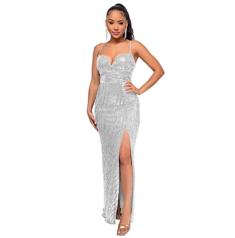 Ladies Solid Sequin Sleeveless Long Halter Dress R9133 - SWEETKAMA