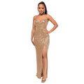 Ladies Solid Sequin Sleeveless Long Halter Dress R9133 - SWEETKAMA
