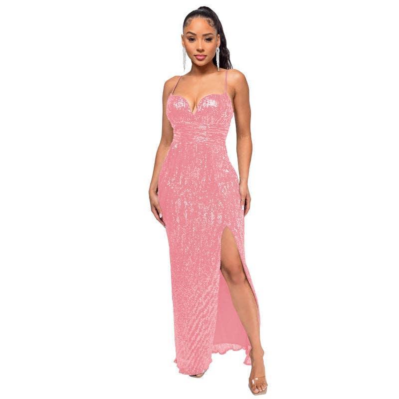 Ladies Solid Sequin Sleeveless Long Halter Dress R9133 - SWEETKAMA