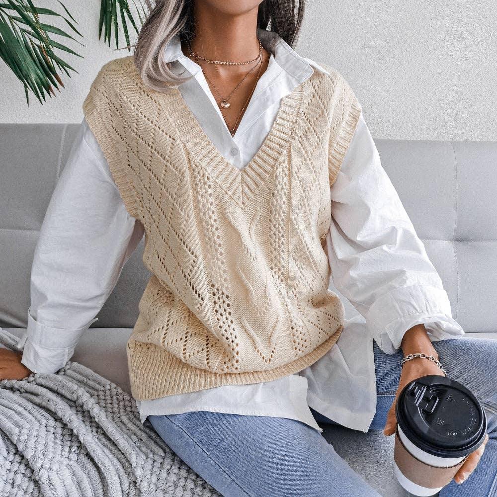 Ladies Solid Sleeveless V-Neck Sweater Vest 2027 - SWEETKAMA