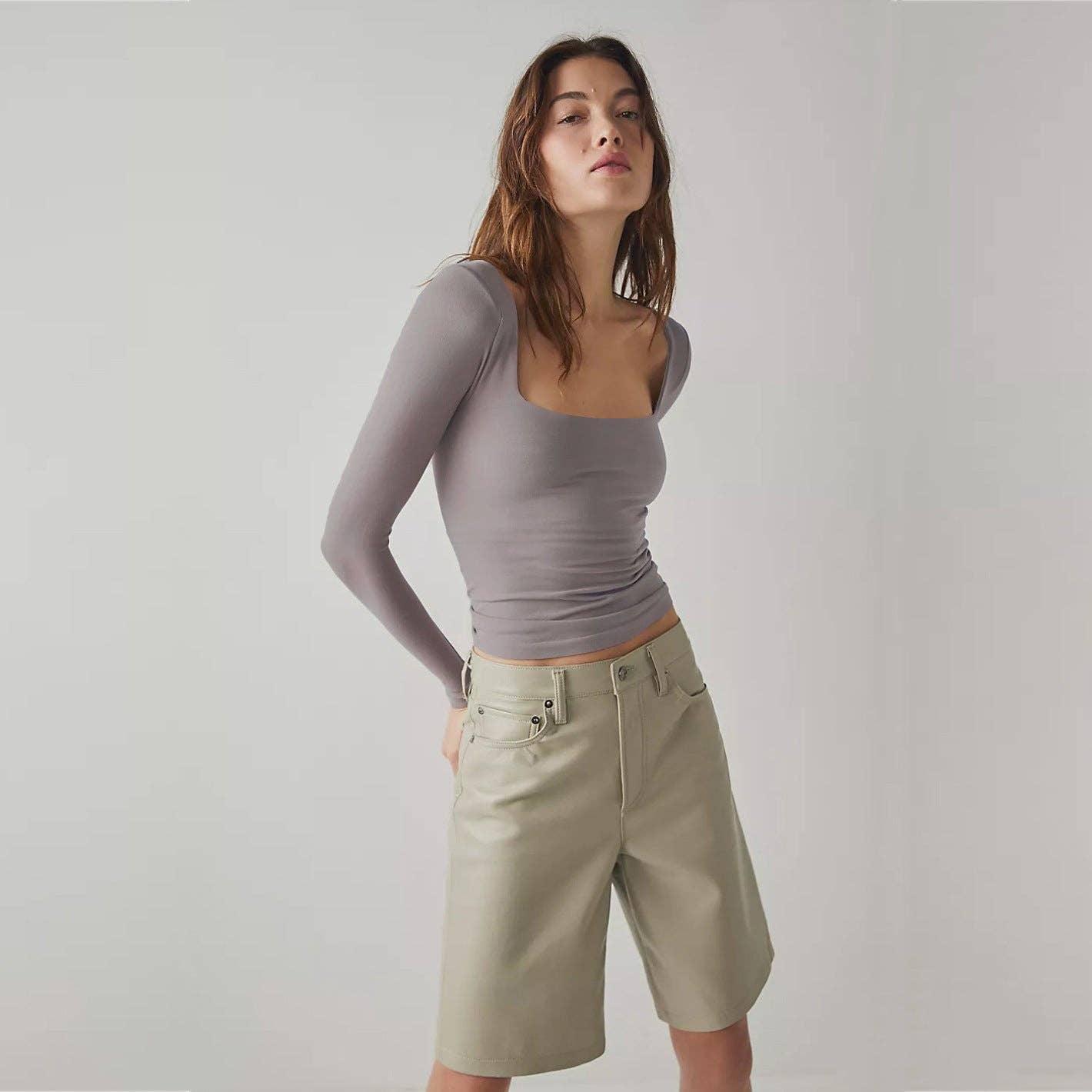 Ladies Solid Slim Fit Square Collar Basic Tee LH0609 - SWEETKAMA