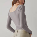 Ladies Solid Slim Fit Square Collar Basic Tee LH0609 - SWEETKAMA