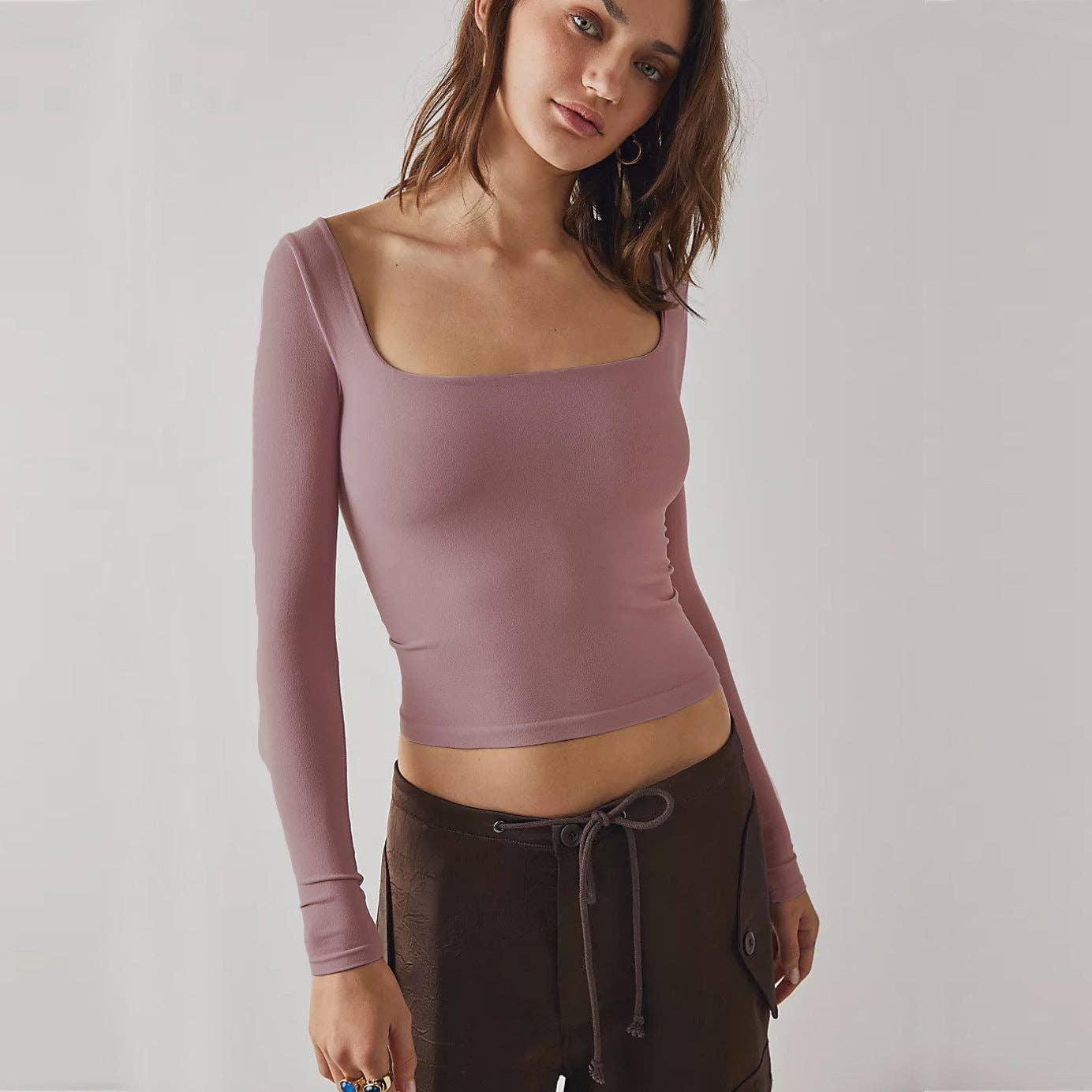 Ladies Solid Slim Fit Square Collar Basic Tee LH0609 - SWEETKAMA