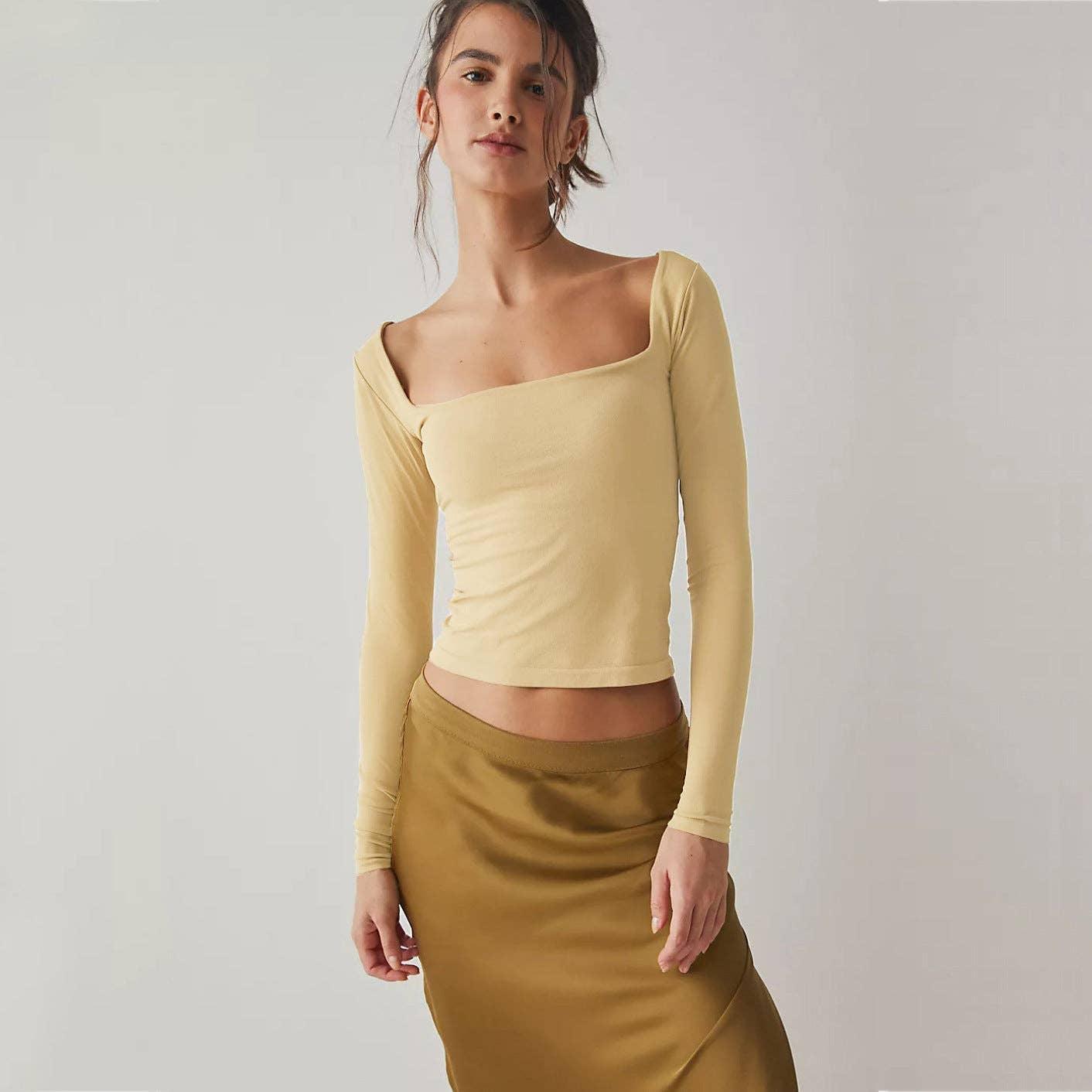 Ladies Solid Slim Fit Square Collar Basic Tee LH0609 - SWEETKAMA