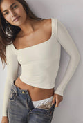 Ladies Solid Slim Fit Square Collar Basic Tee LH0609 - SWEETKAMA