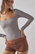 Ladies Solid Slim Fit Square Collar Basic Tee LH0609 - SWEETKAMA