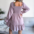 Ladies Solid Square Collar Long Sleeves Dress 8326 - SWEETKAMA