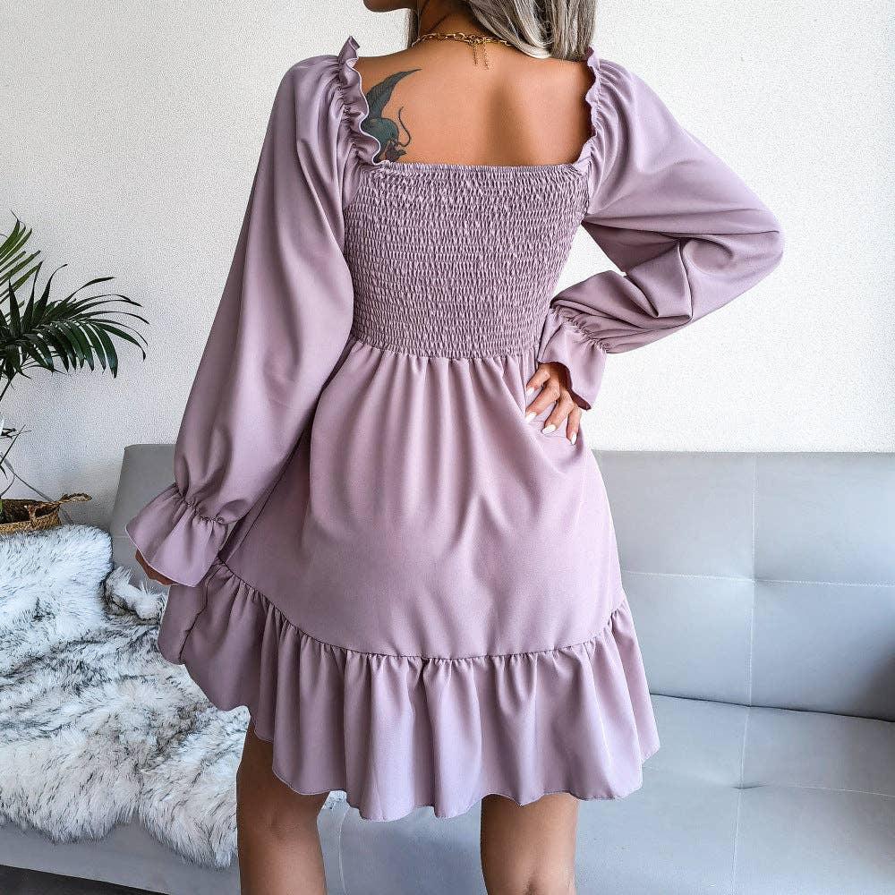 Ladies Solid Square Collar Long Sleeves Dress 8326 - SWEETKAMA
