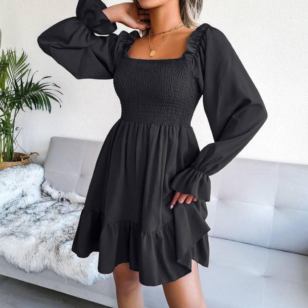 Ladies Solid Square Collar Long Sleeves Dress 8326 - SWEETKAMA