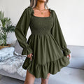 Ladies Solid Square Collar Long Sleeves Dress 8326 - SWEETKAMA