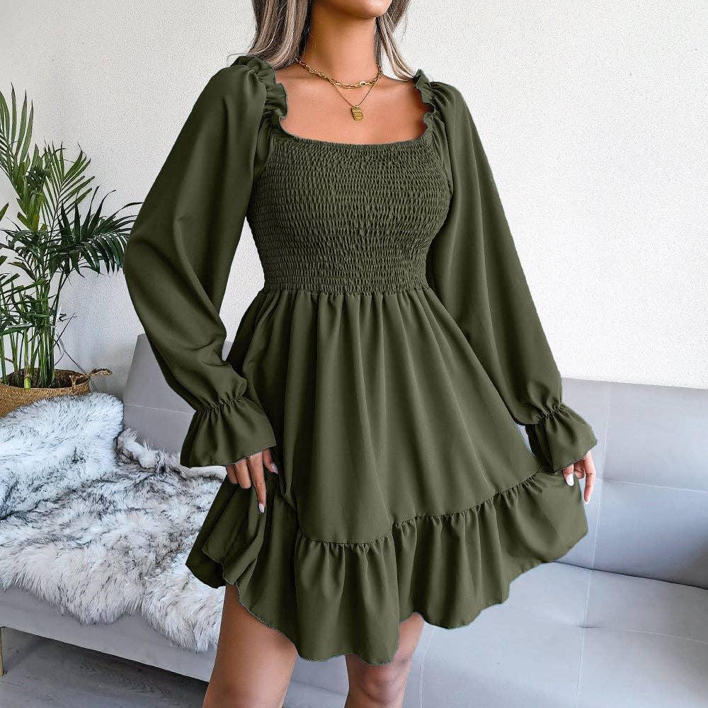 Ladies Solid Square Collar Long Sleeves Dress 8326 - SWEETKAMA