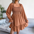 Ladies Solid Square Collar Long Sleeves Dress 8326 - SWEETKAMA