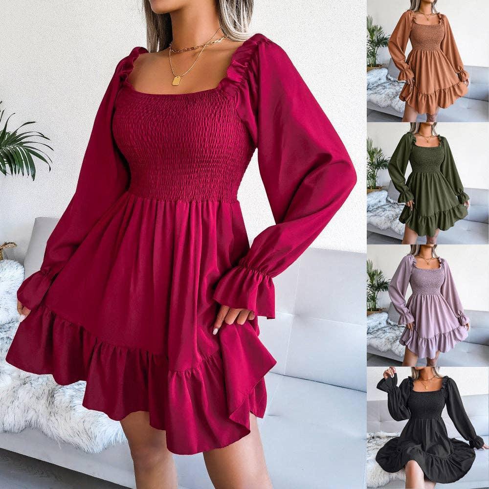 Ladies Solid Square Collar Long Sleeves Dress 8326 - SWEETKAMA