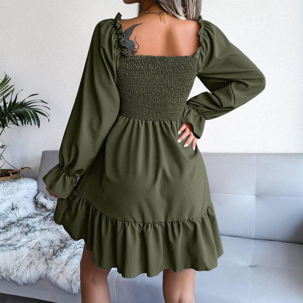 Ladies Solid Square Collar Long Sleeves Dress 8326 - SWEETKAMA