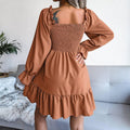 Ladies Solid Square Collar Long Sleeves Dress 8326 - SWEETKAMA