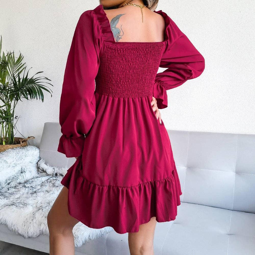 Ladies Solid Square Collar Long Sleeves Dress 8326 - SWEETKAMA