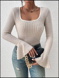 Ladies Solid Squsre Collar Flounce Sleeves Top G1040 - SWEETKAMA