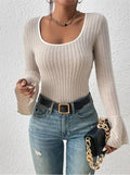 Ladies Solid Squsre Collar Flounce Sleeves Top G1040 - SWEETKAMA