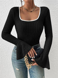 Ladies Solid Squsre Collar Flounce Sleeves Top G1040 - SWEETKAMA