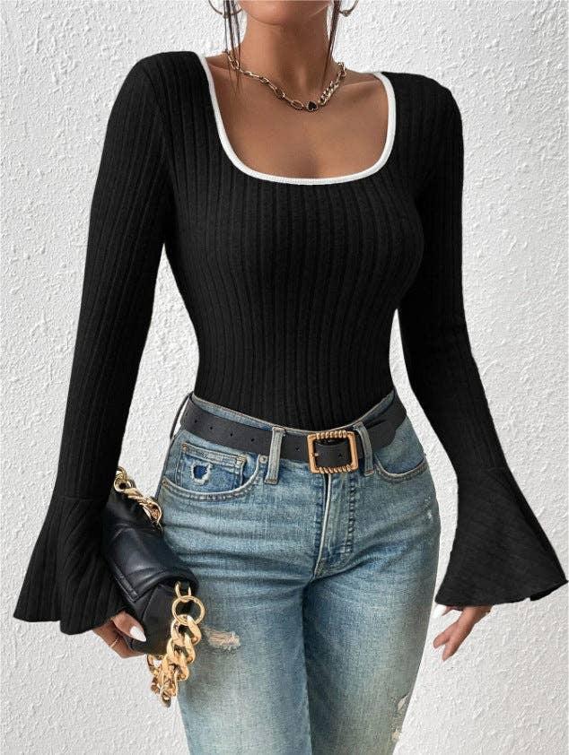 Ladies Solid Squsre Collar Flounce Sleeves Top G1040 - SWEETKAMA