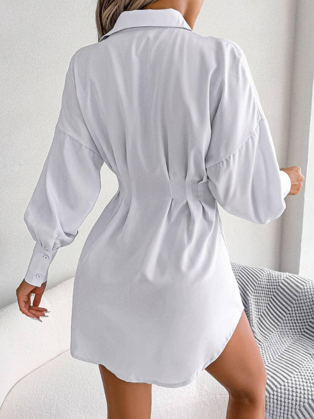 Ladies Solid Turn-Down Collar Long Sleeves Dress B8328 - SWEETKAMA