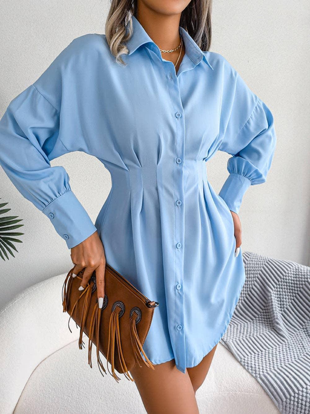 Ladies Solid Turn-Down Collar Long Sleeves Dress B8328 - SWEETKAMA