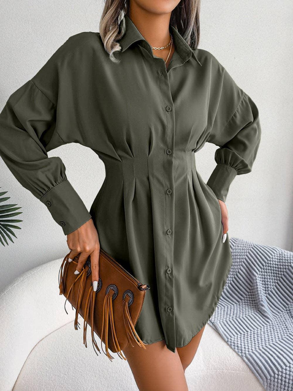 Ladies Solid Turn-Down Collar Long Sleeves Dress B8328 - SWEETKAMA