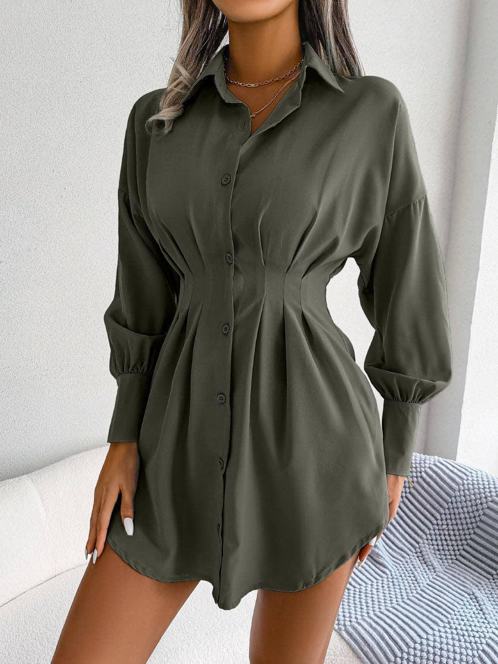 Ladies Solid Turn-Down Collar Long Sleeves Dress B8328 - SWEETKAMA