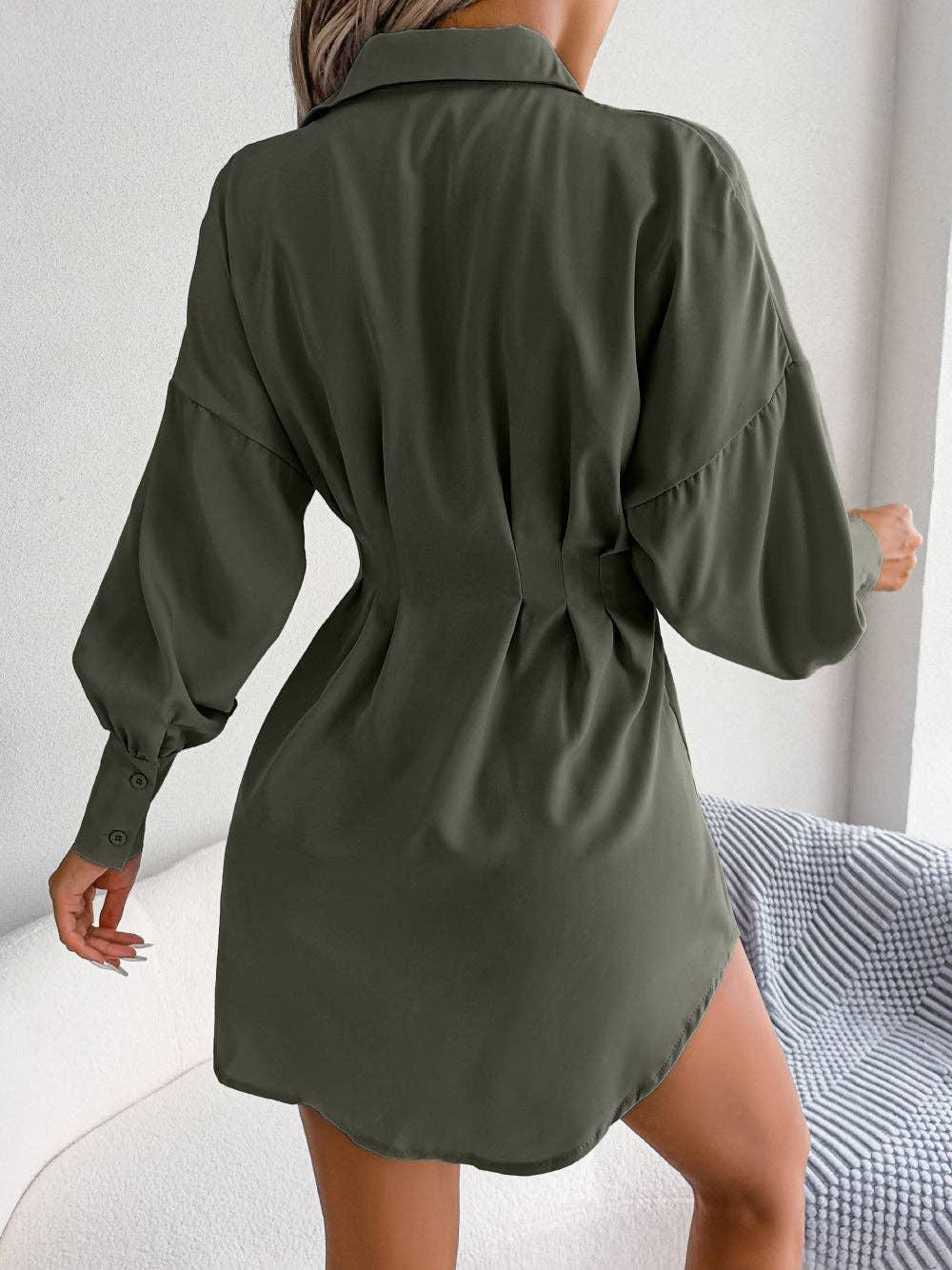 Ladies Solid Turn-Down Collar Long Sleeves Dress B8328 - SWEETKAMA