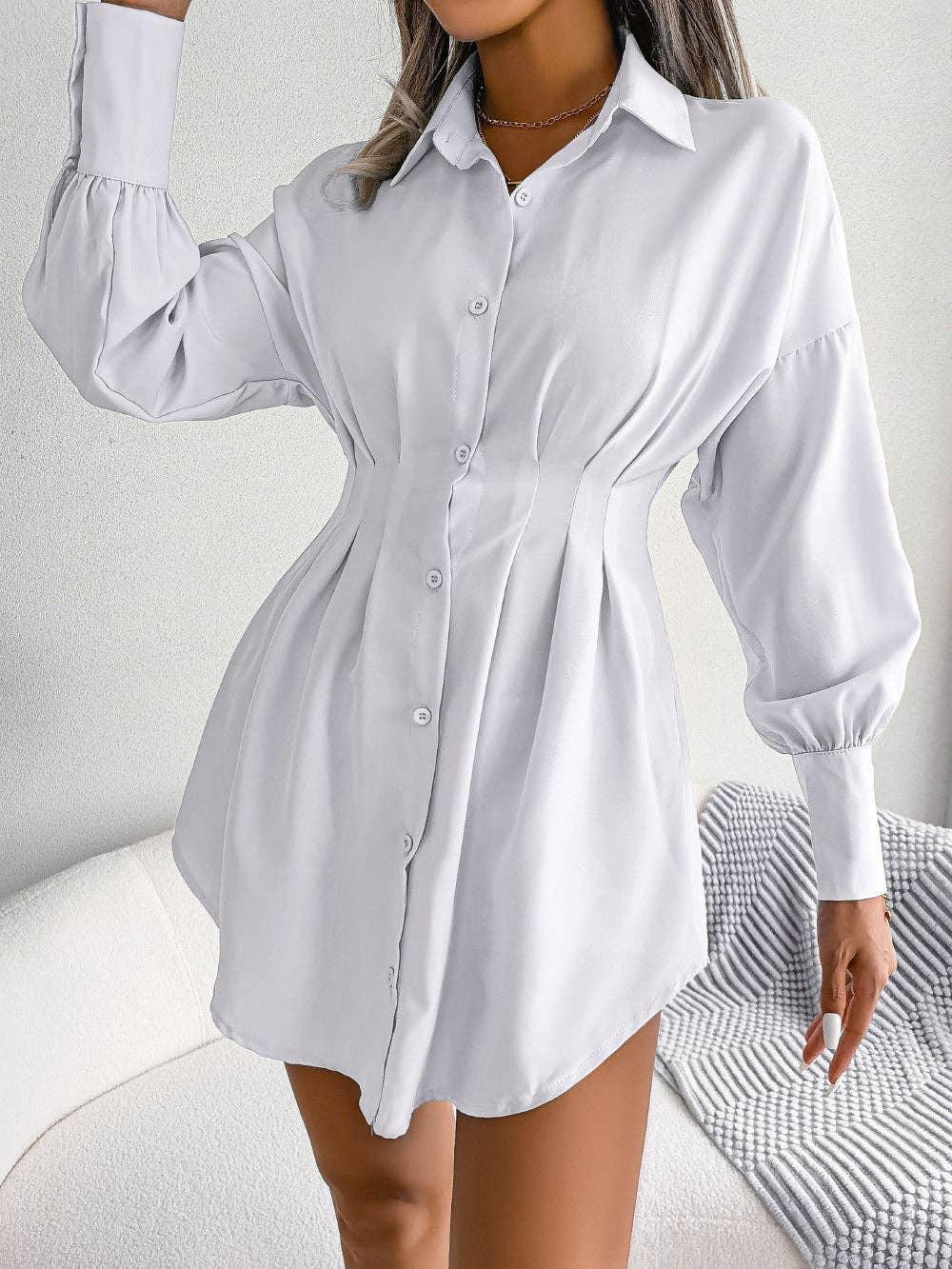 Ladies Solid Turn-Down Collar Long Sleeves Dress B8328 - SWEETKAMA