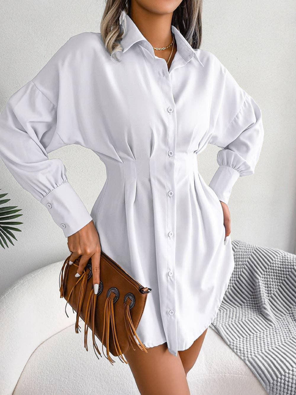 Ladies Solid Turn-Down Collar Long Sleeves Dress B8328 - SWEETKAMA