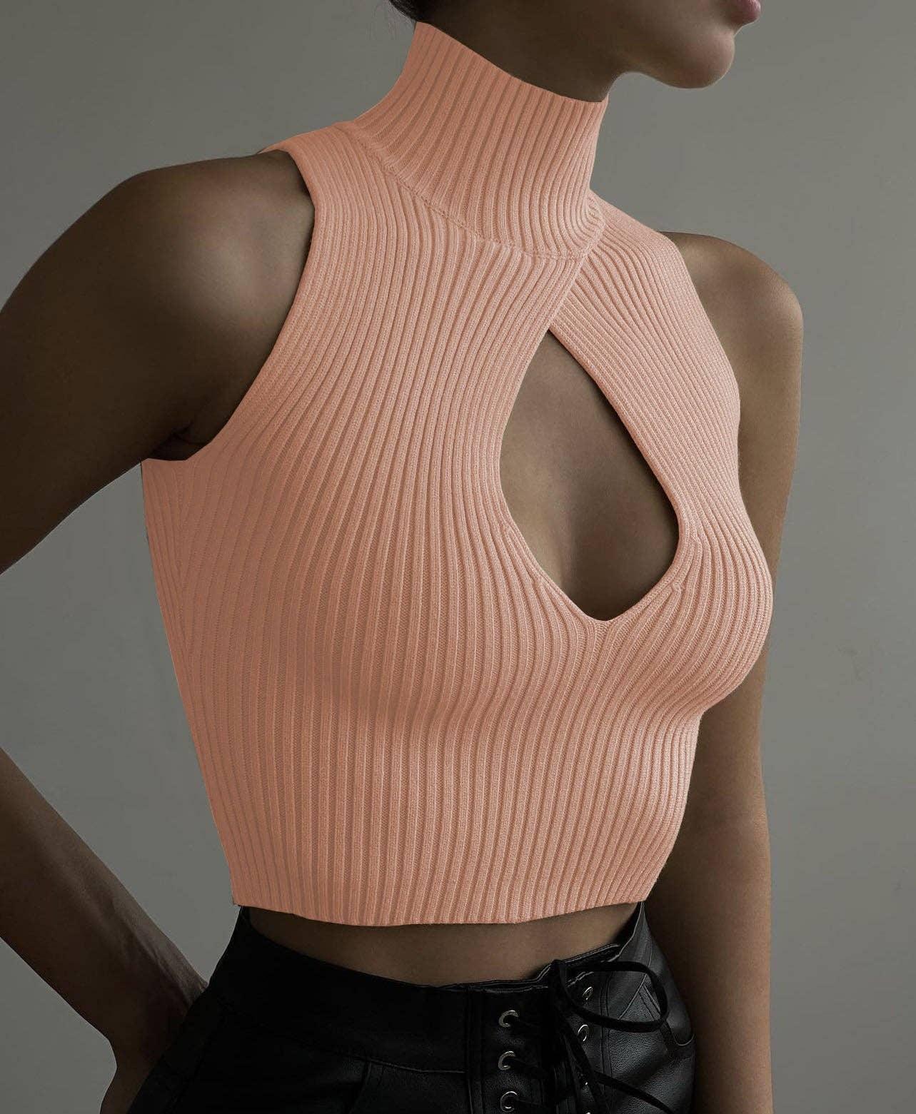Ladies Solid Waterdrop Cutout Daily Crop Top 21063 - SWEETKAMA