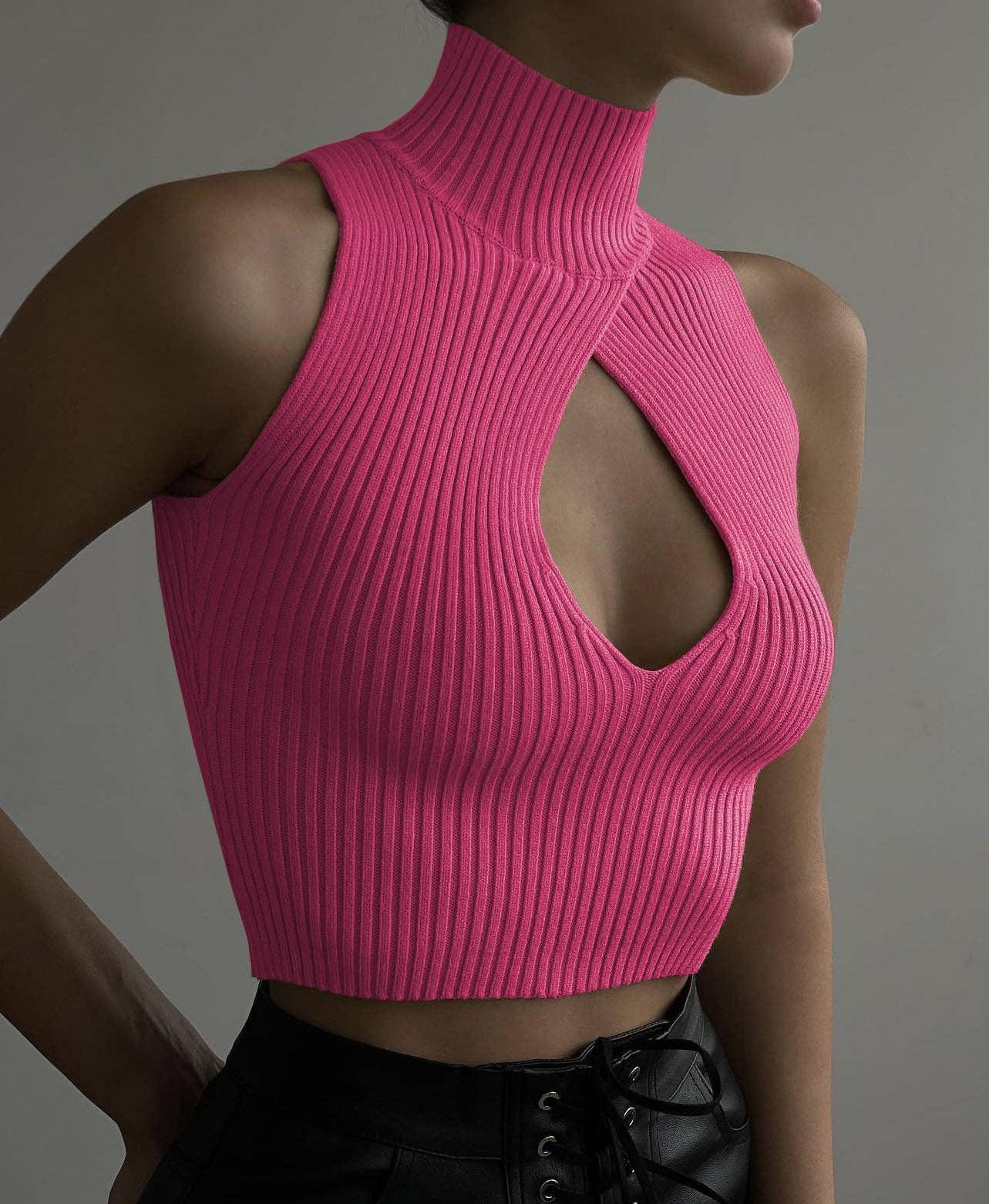 Ladies Solid Waterdrop Cutout Daily Crop Top 21063 - SWEETKAMA