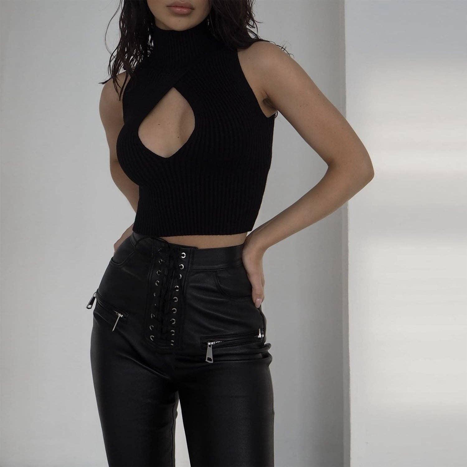 Ladies Solid Waterdrop Cutout Daily Crop Top 21063 - SWEETKAMA