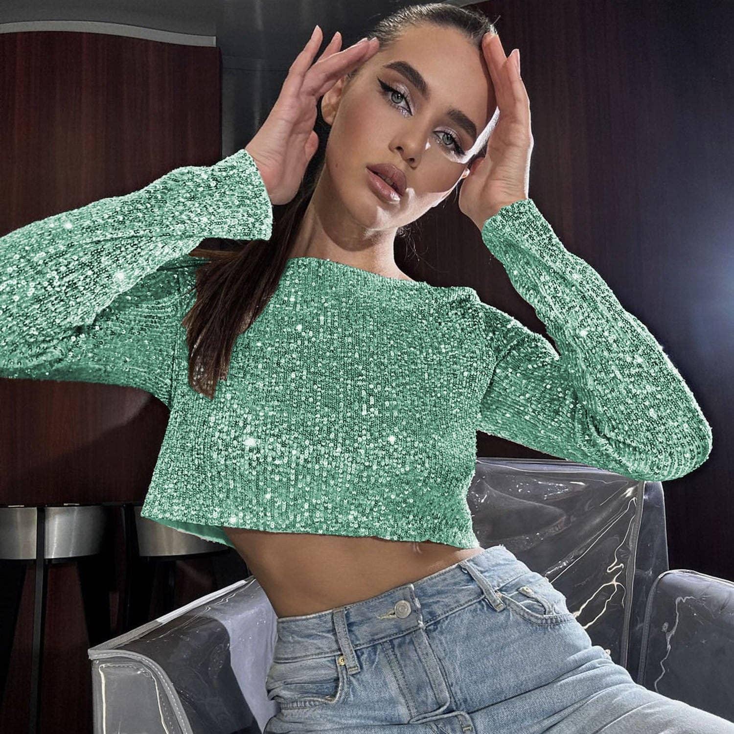 Ladies Sparkle Sequin Party Crop Top 21077 - SWEETKAMA