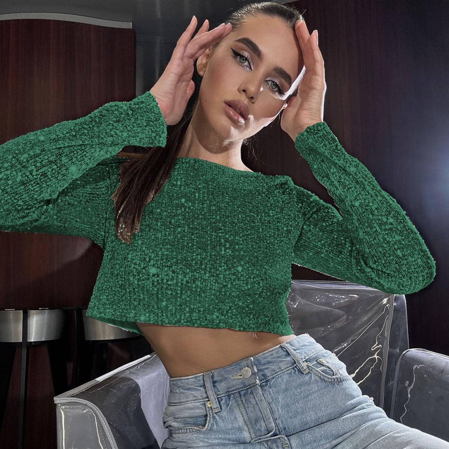 Ladies Sparkle Sequin Party Crop Top 21077 - SWEETKAMA